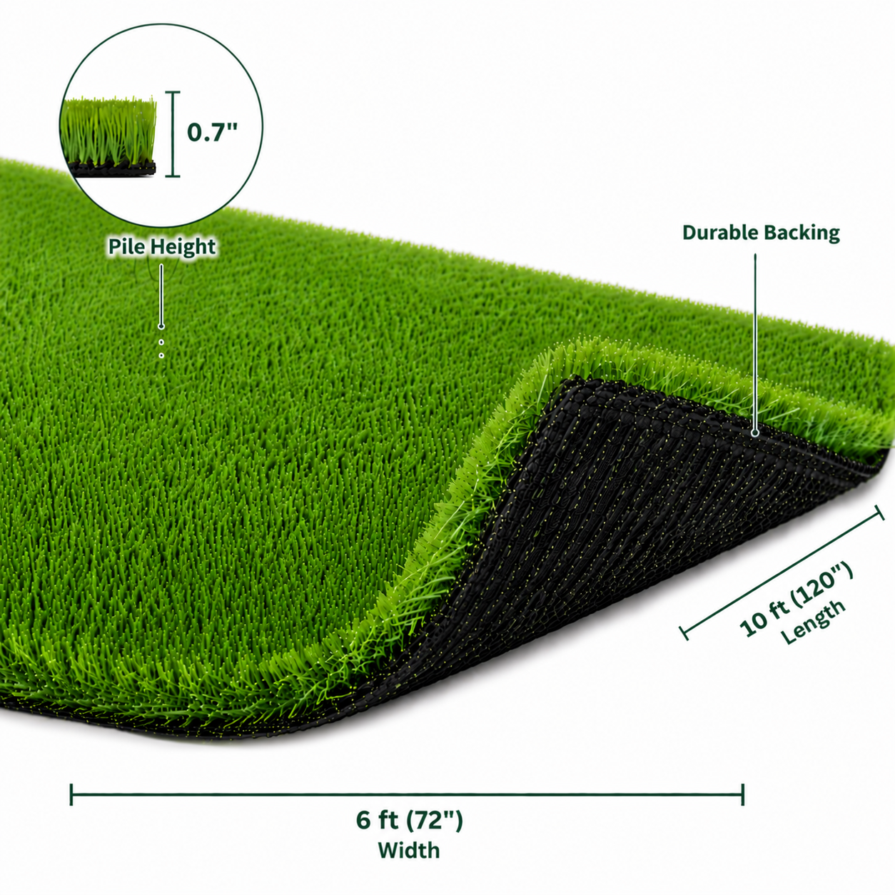 Outdoor Artificial Grass Roll - 0.7" Pile Height, 6 ft x 10 ft