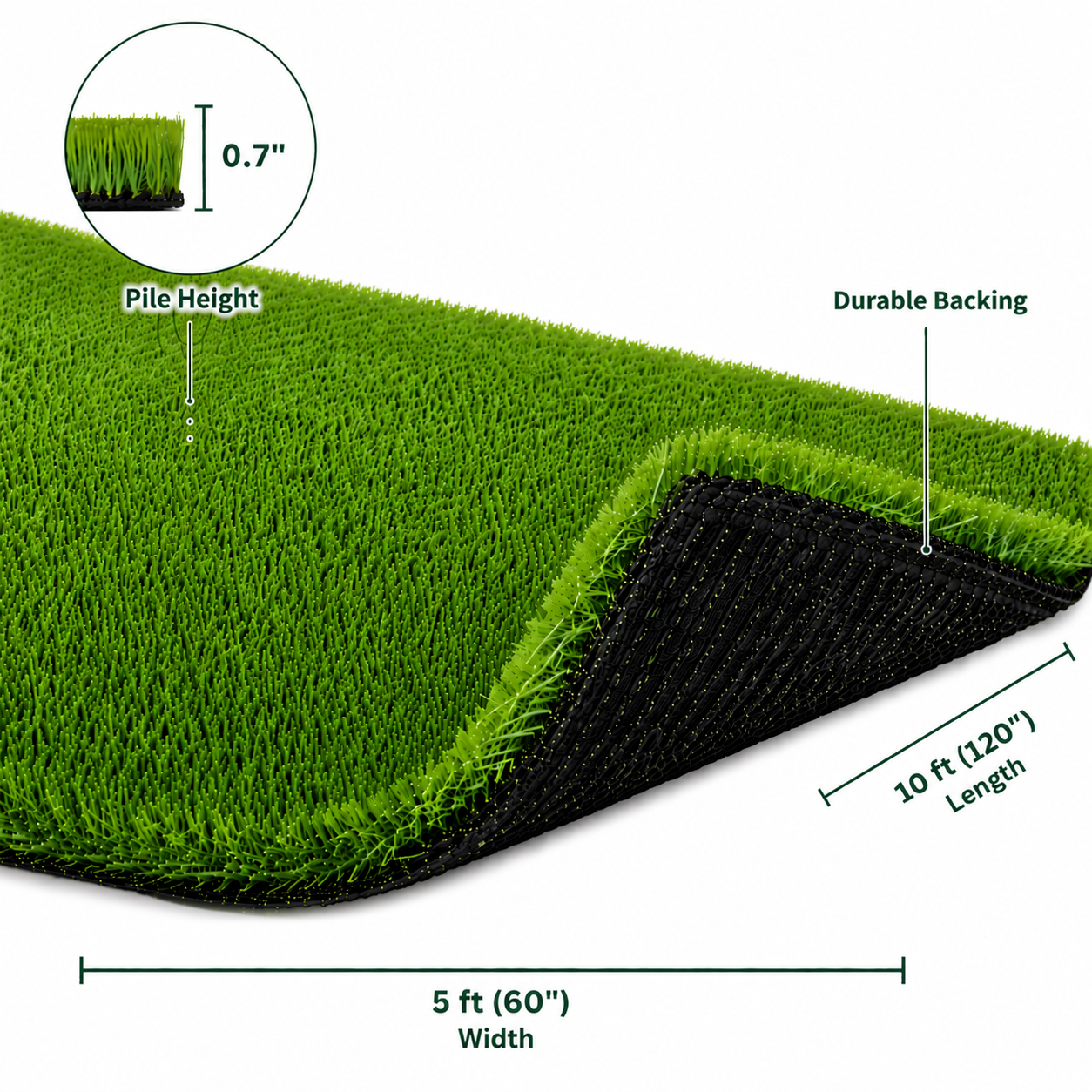 Outdoor Artificial Grass Roll - 0.7" Pile Height, 5 ft x 10 ft