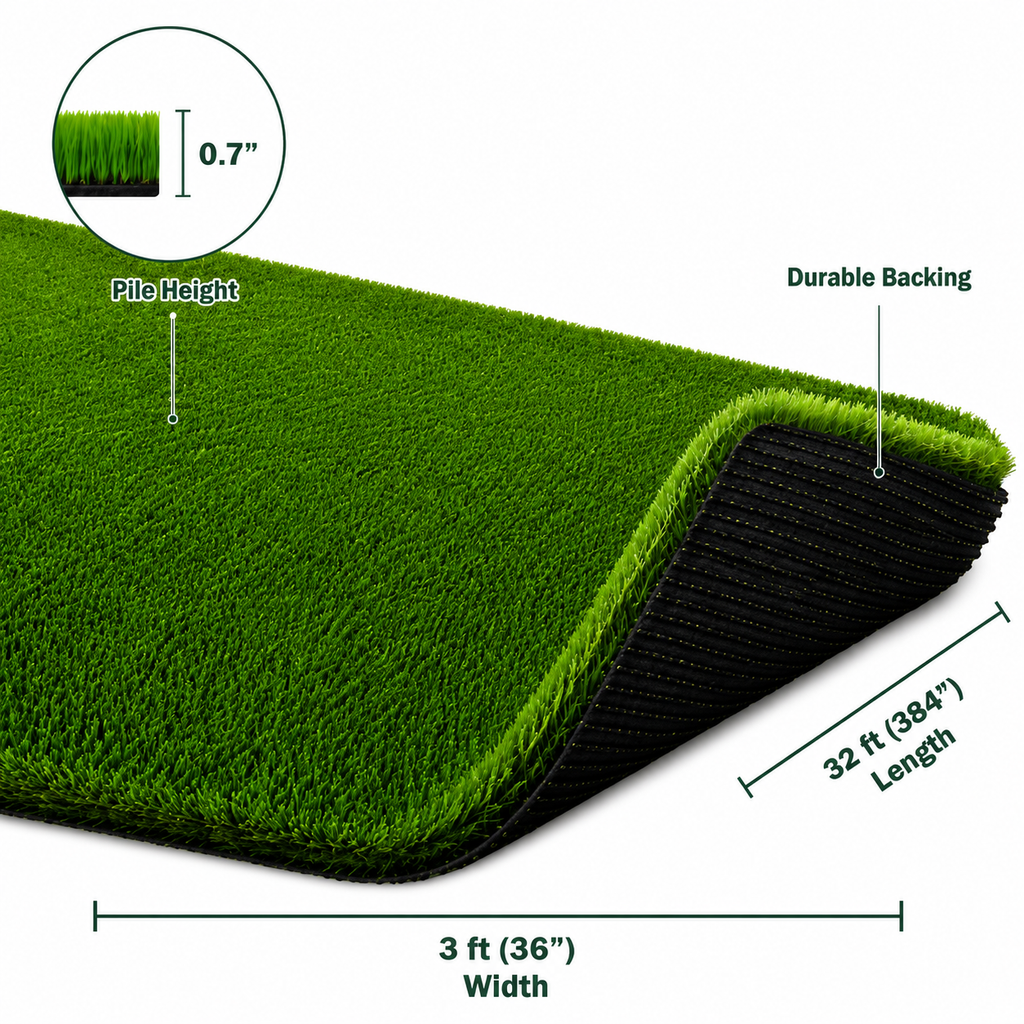 Outdoor Artificial Grass Roll - 0.7" Pile Height, 3 ft x 32 ft