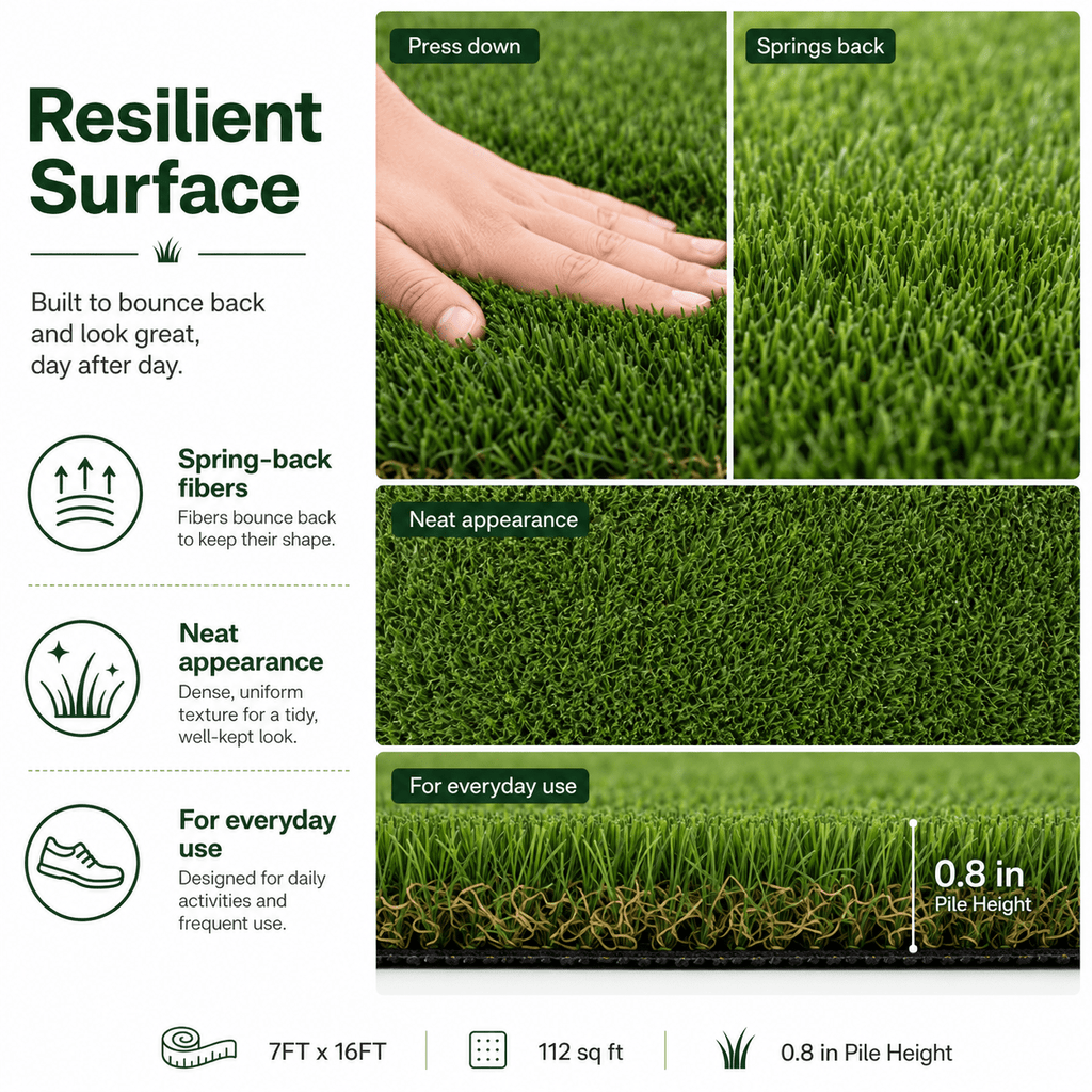 Outdoor Artificial Grass Roll - 0.7" Pile Height, 7 ft x 16 ft