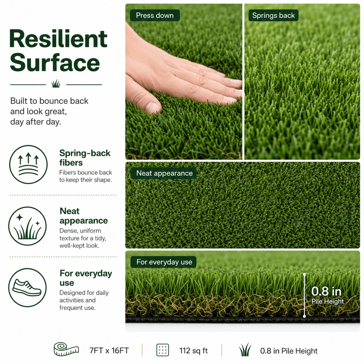 Outdoor Artificial Grass Roll - 0.7" Pile Height, 7 ft x 16 ft