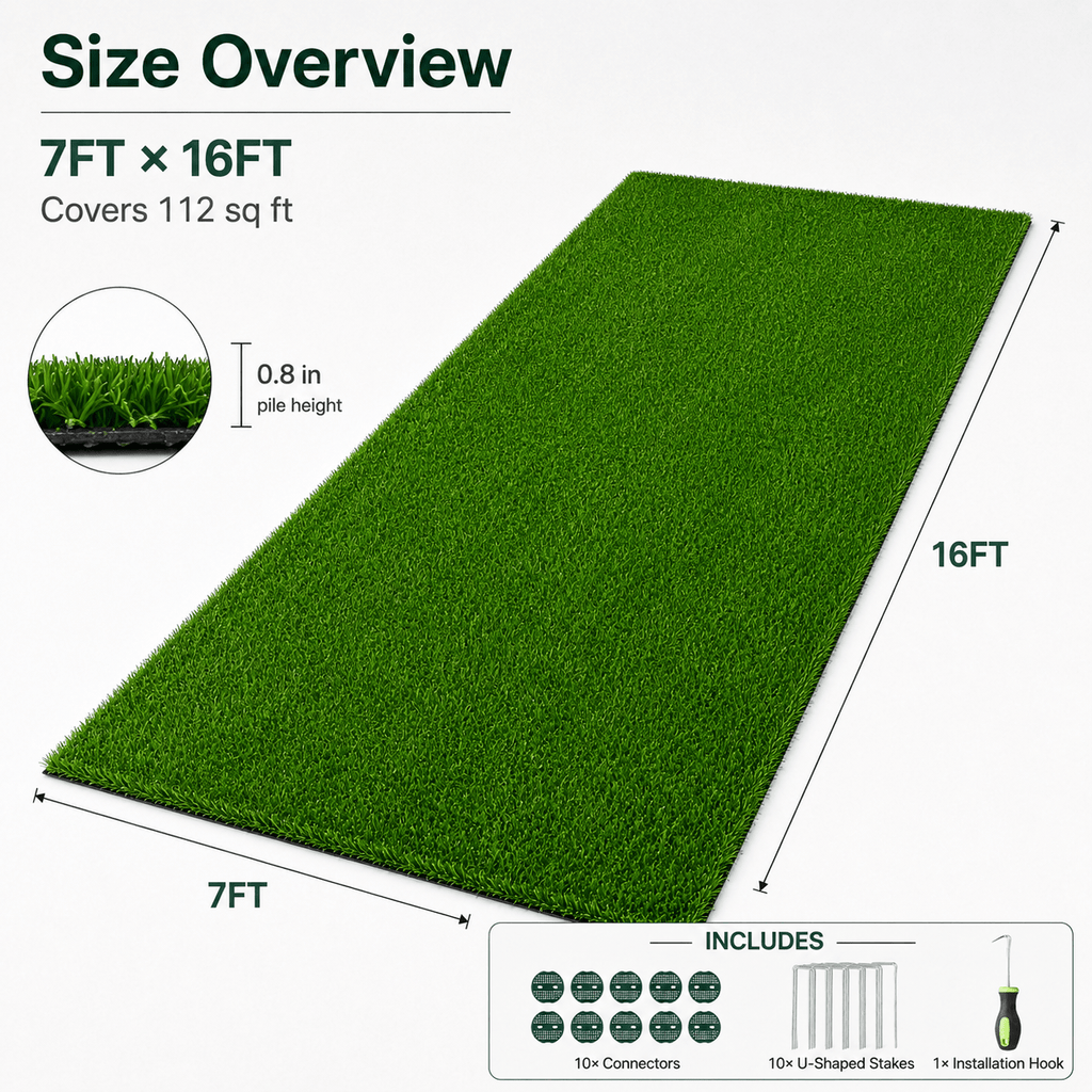 Outdoor Artificial Grass Roll - 0.7" Pile Height, 7 ft x 16 ft