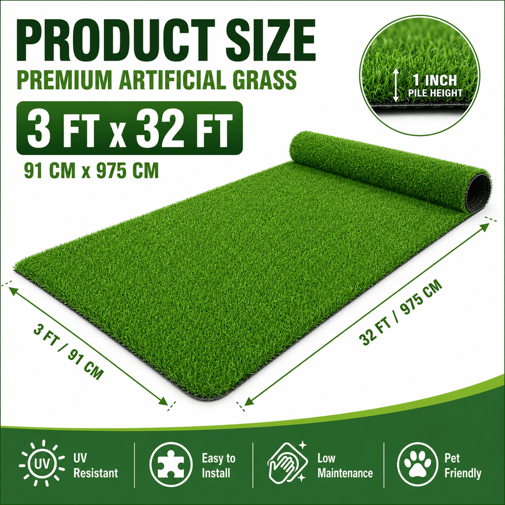 Outdoor Artificial Grass Roll - 0.7" Pile Height, 3 ft x 32 ft