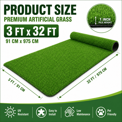 Outdoor Artificial Grass Roll - 0.7" Pile Height, 3 ft x 32 ft