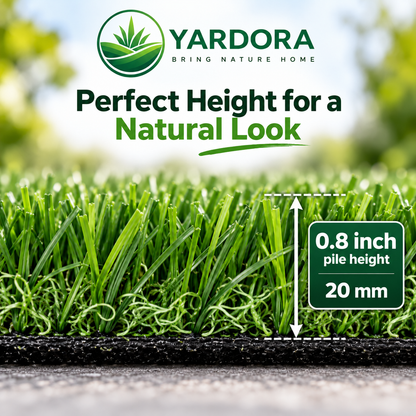 Yardora artificial grass turf shown close up with a height callout reading 0.8 inch pile height / 20 mm, plus the Yardora branding and text 'Perfect Height for a Natural Look' on a blurred outdoor background.