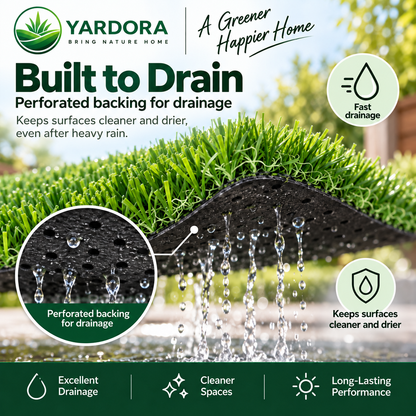 Yardora Built to Drain promotional graphic showing artificial grass with water draining through a perforated black backing layer. Text highlights fast drainage and keeping surfaces cleaner and drier, with circular callouts and a green footer strip.
