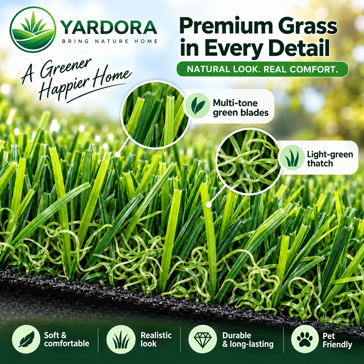 Yardora premium artificial grass turf with green blades and a light-green thatch, shown in a close-up product graphic with feature callouts and marketing text.