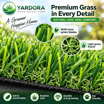 Yardora premium artificial grass turf with green blades and a light-green thatch, shown in a close-up product graphic with feature callouts and marketing text.