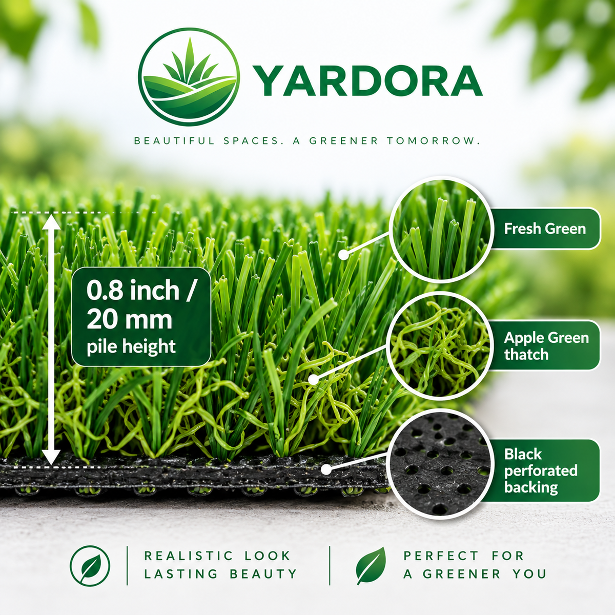 Yardora artificial grass turf product graphic showing a close-up of bright green grass with callout labels for Fresh Green, Apple Green thatch, and Black perforated backing, plus text stating 0.8 inch / 20 mm pile height.