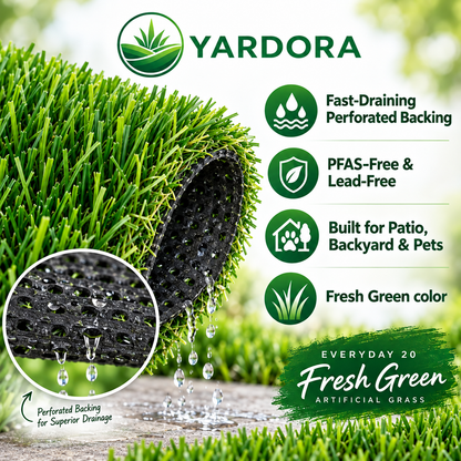 Yardora fresh green artificial grass shown rolled open to reveal the black perforated backing, with a circular inset demonstrating water drainage. The image includes feature callouts: fast-draining perforated backing, PFAS-free and lead-free, built for patio/backyard/pets, and fresh green color.