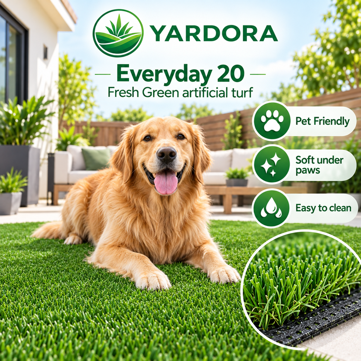 A golden retriever lies on bright green artificial turf in a backyard patio setting. Large text at the top reads YARDORA Everyday 20 Fresh Green artificial turf, with feature callouts including Pet Friendly, Soft under paws, and Easy to clean, plus a circular inset showing the turf blade detail.