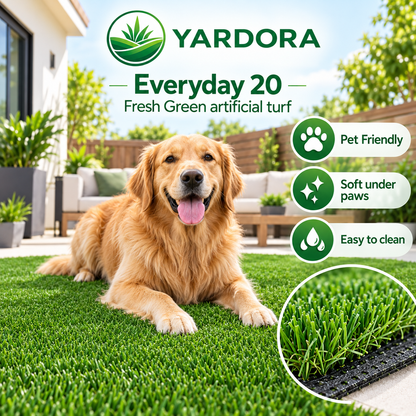 A golden retriever lies on bright green artificial turf in a backyard patio setting. Large text at the top reads YARDORA Everyday 20 Fresh Green artificial turf, with feature callouts including Pet Friendly, Soft under paws, and Easy to clean, plus a circular inset showing the turf blade detail.