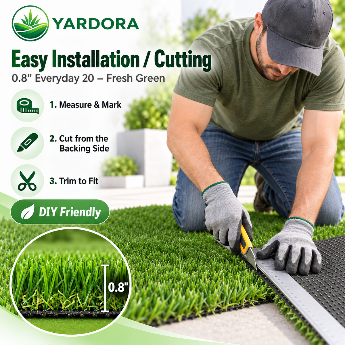 A man kneels on a green artificial turf lawn, using a utility knife to cut a roll of Yardora 0.8" fresh green turf.