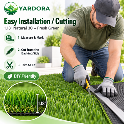 A man kneels on green grass while installing Yardora artificial turf, using a utility knife to cut the black backing and roll of fresh green turf. The image includes text overlays detailing the product's 1.