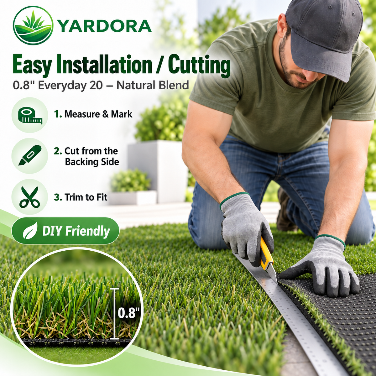 A man kneels on green artificial grass while cutting a roll of Yardora turf with a utility knife and metal straight edge. The image includes text about easy installation/cutting, a 0.