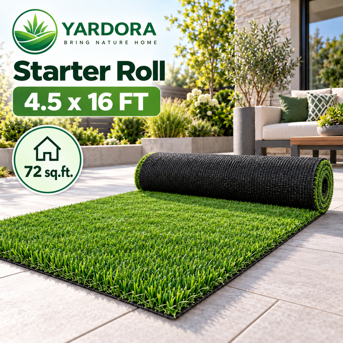 A Yardora artificial grass starter roll partially unrolled on a light stone patio, with a sofa and garden plants visible in the background. Large text on the left reads 'YARDORA Bring Nature Home Starter Roll 4.