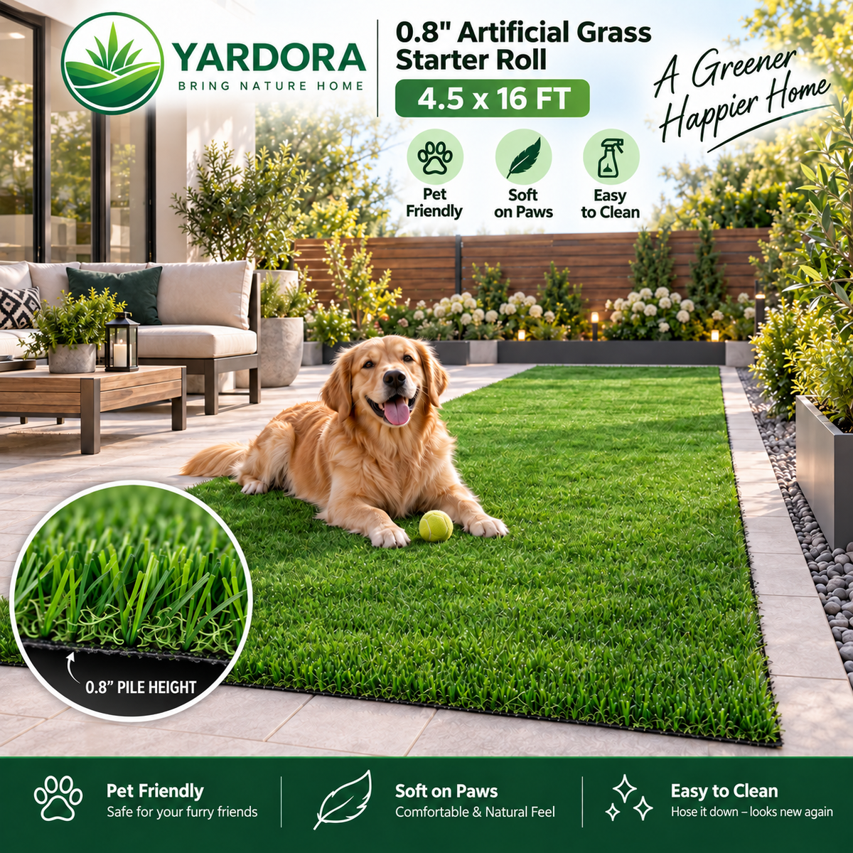 A golden retriever lies on a green Yardora artificial grass starter roll on a patio, with a circular inset showing the 0.8" pile height of the grass.