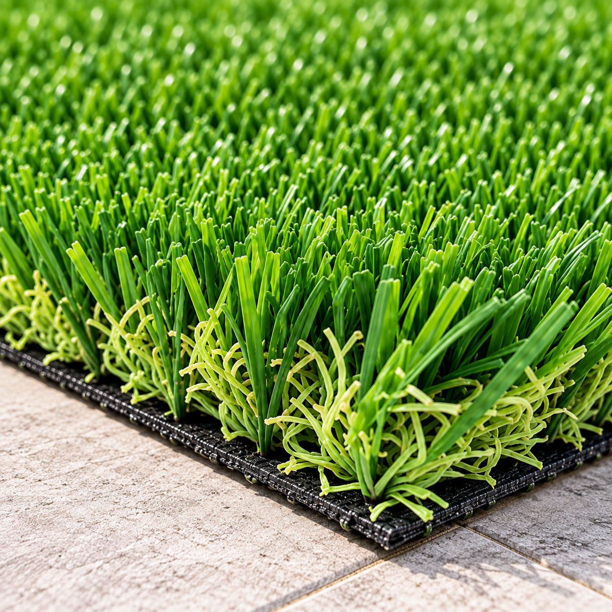 Close-up of bright green artificial turf with lighter yellow-green blades near the base, mounted on a black grid backing and shown on a light stone or tile surface.