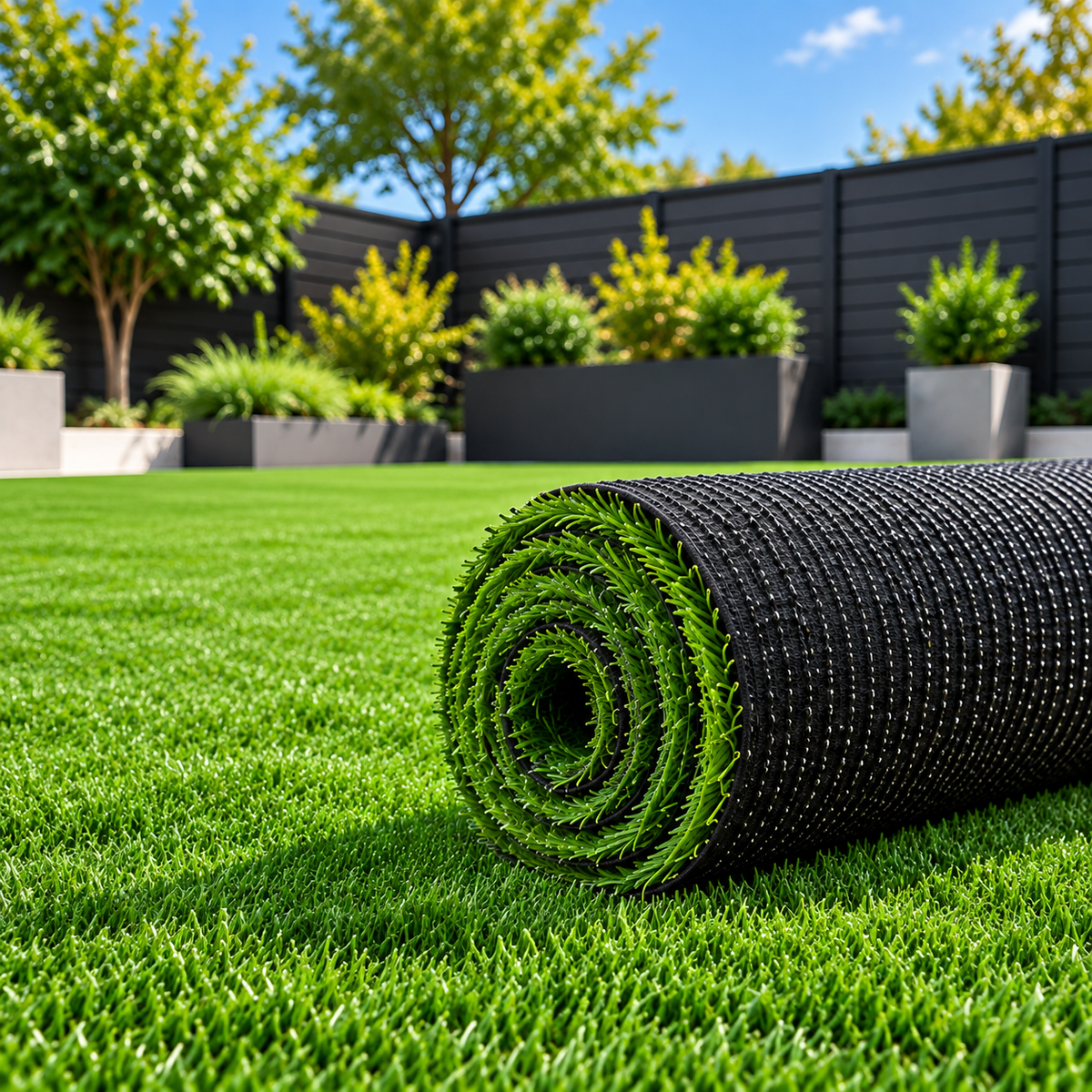 A roll of bright green artificial turf or grass mat with a black textured backing, shown partially unrolled on a lawn in a landscaped garden setting with trees, shrubs, and a dark fence.