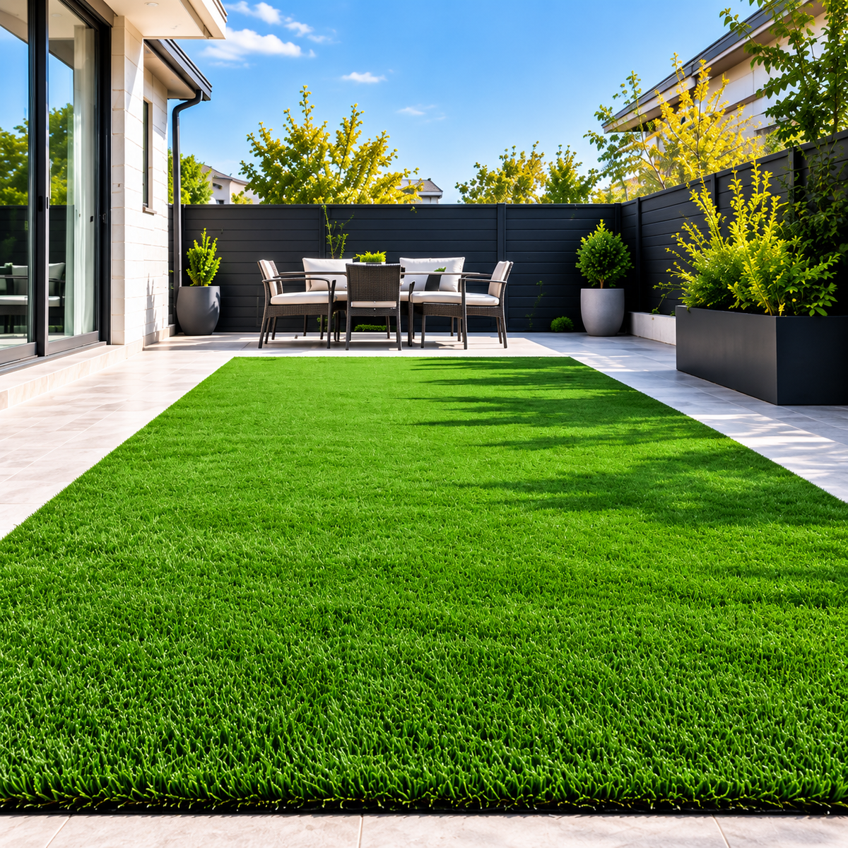 A lush green artificial turf lawn installed in a modern backyard patio setting with a dining set, black wooden fence, and potted plants.