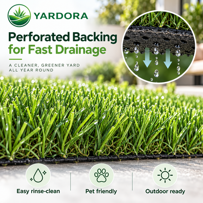 Yardora artificial grass turf with green blades and a perforated backing, shown with marketing text, a circular inset demonstrating water drainage, and feature icons for easy rinse-clean, pet friendly, and outdoor ready.