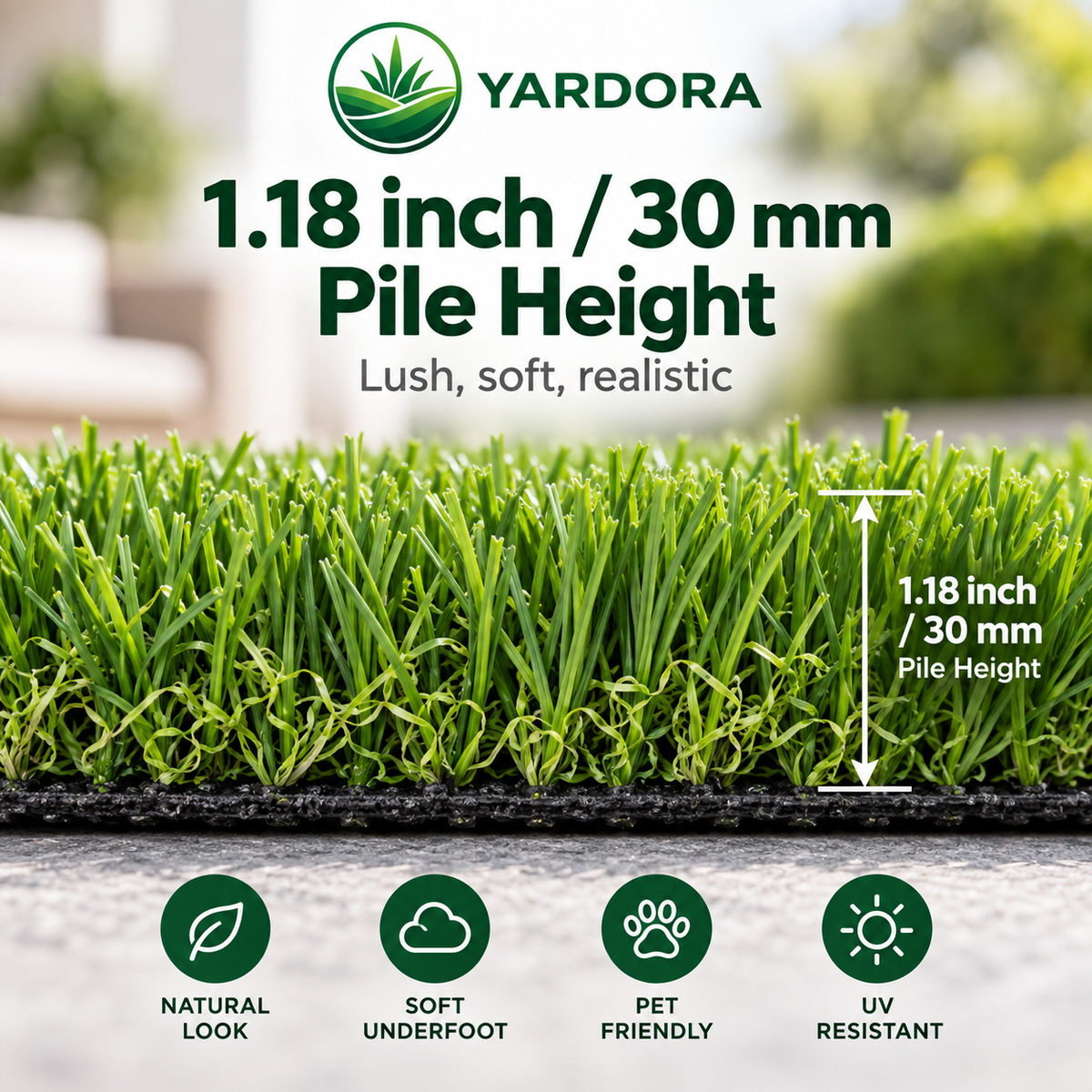 Yardora artificial grass turf with pile height text reading 1.18 inch / 30 mm, shown in a close-up of green grass blades above a black backing layer.