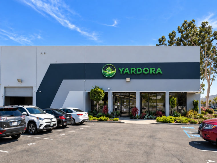 Front exterior of a Yardora building with a large green logo and name on a white and dark gray facade, with parked cars in the lot and trees under a blue sky.