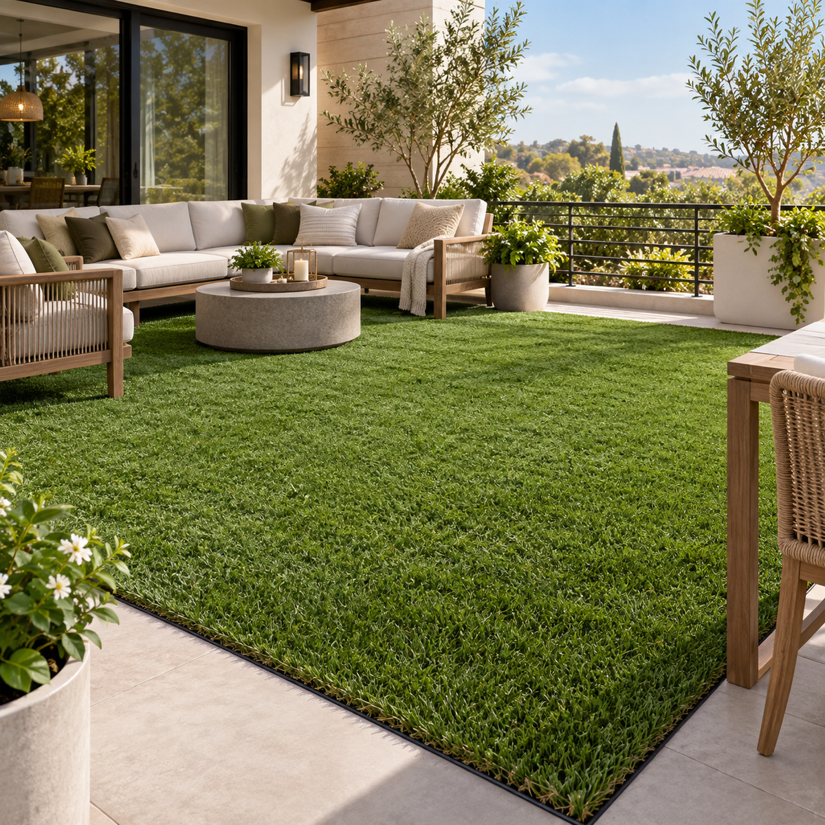 A lush green artificial turf lawn rug installed on a modern outdoor patio with a built-in sofa, coffee table, potted plants, and a dining chair, shown in a bright, sunny residential setting.