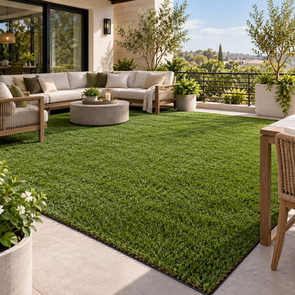 A lush green artificial turf lawn rug installed on a modern outdoor patio with a built-in sofa, coffee table, potted plants, and a dining chair, shown in a bright, sunny residential setting.