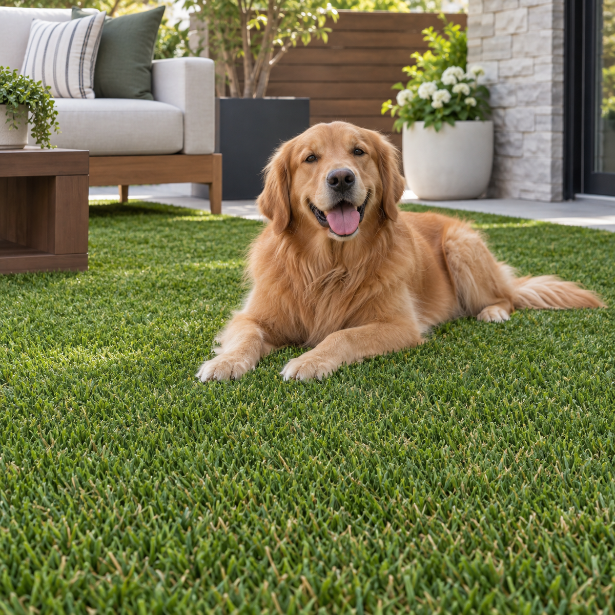 A golden retriever dog lies on a lush green artificial turf lawn in a modern patio setting with a sofa, wooden planter, and stone wall in the background.