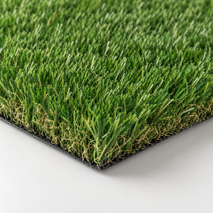 Close-up of a green artificial turf or grass mat with dense synthetic blades and a black backing, shown on a light gray background.  Tan thatch. 