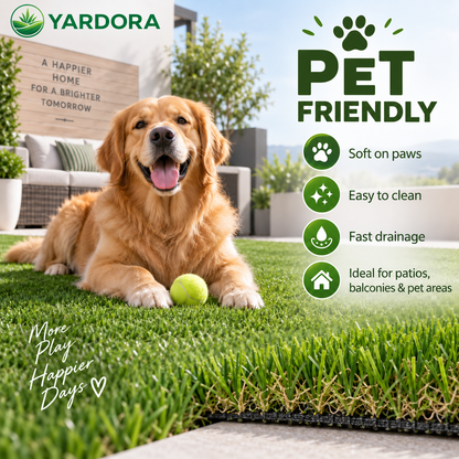A golden retriever lies on bright green artificial grass outdoors, with a yellow tennis ball in front of its mouth. The image includes the YARDORA brand logo, large 'PET FRIENDLY' text, paw-print icons, and feature callouts such as soft on paws, easy to clean, fast drainage, and ideal for patios, balconies, and pet areas.