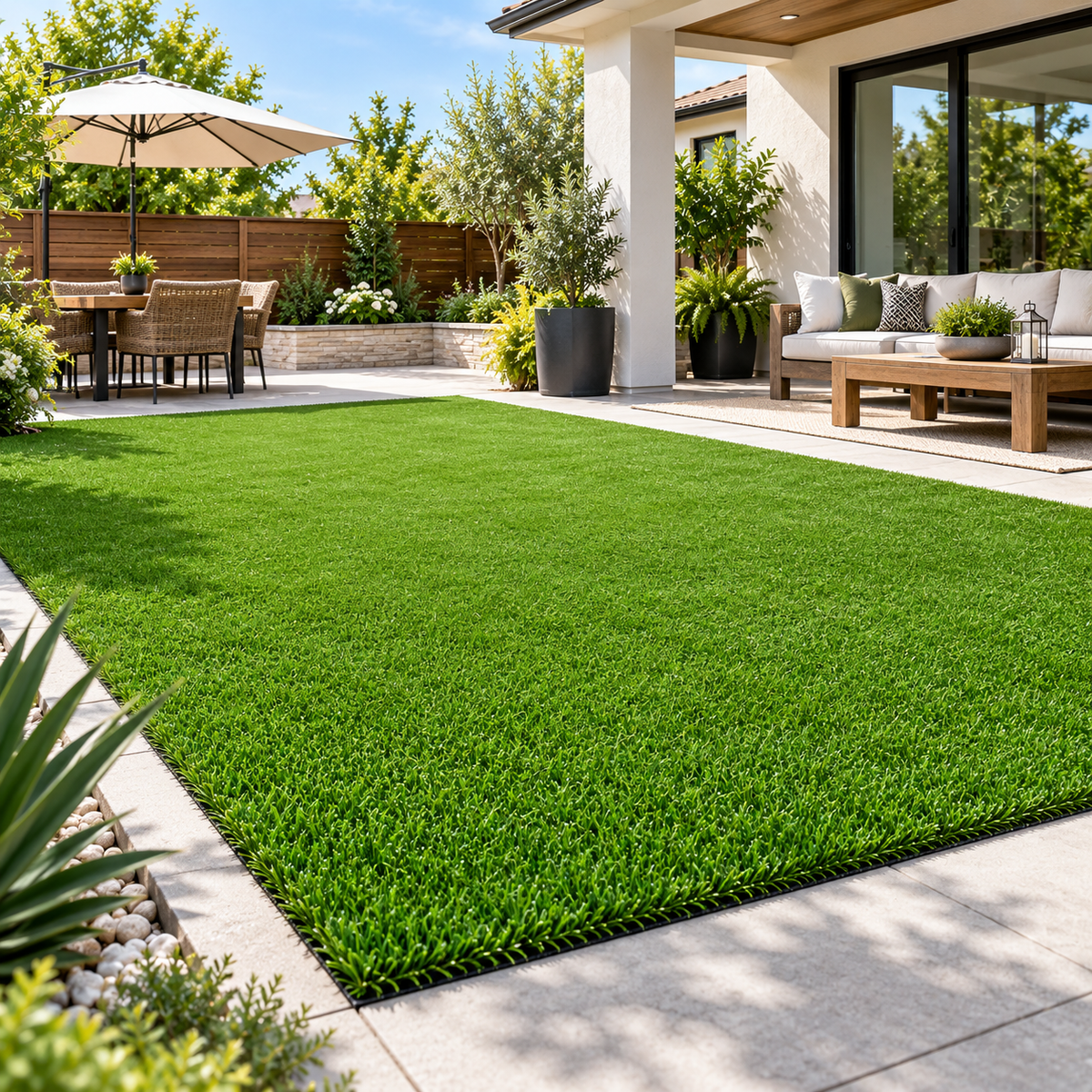 A large, neatly installed green artificial turf lawn in a modern backyard patio setting with a wooden dining set, outdoor sofa, and potted plants.