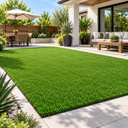 A large, neatly installed green artificial turf lawn in a modern backyard patio setting with a wooden dining set, outdoor sofa, and potted plants.