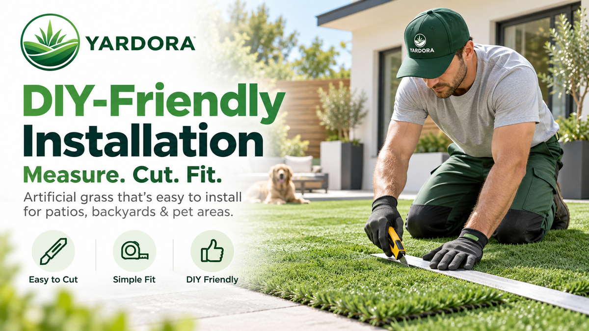A man kneels on a green lawn wearing a Yardora cap and gloves while fitting turf onto a patio edge. Large promotional text on the left reads 'DIY-Friendly Installation' with the Yardora logo, and a dog sits in the background near the house.