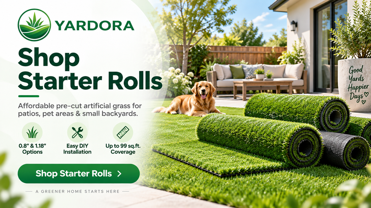 Yardora Shop Starter Rolls advertisement showing pre-cut artificial grass rolls laid out on a backyard patio with a golden retriever dog lying nearby. The left side features a green and white graphic overlay with the Yardora logo, 'Shop Starter Rolls' text, and feature icons for 0.