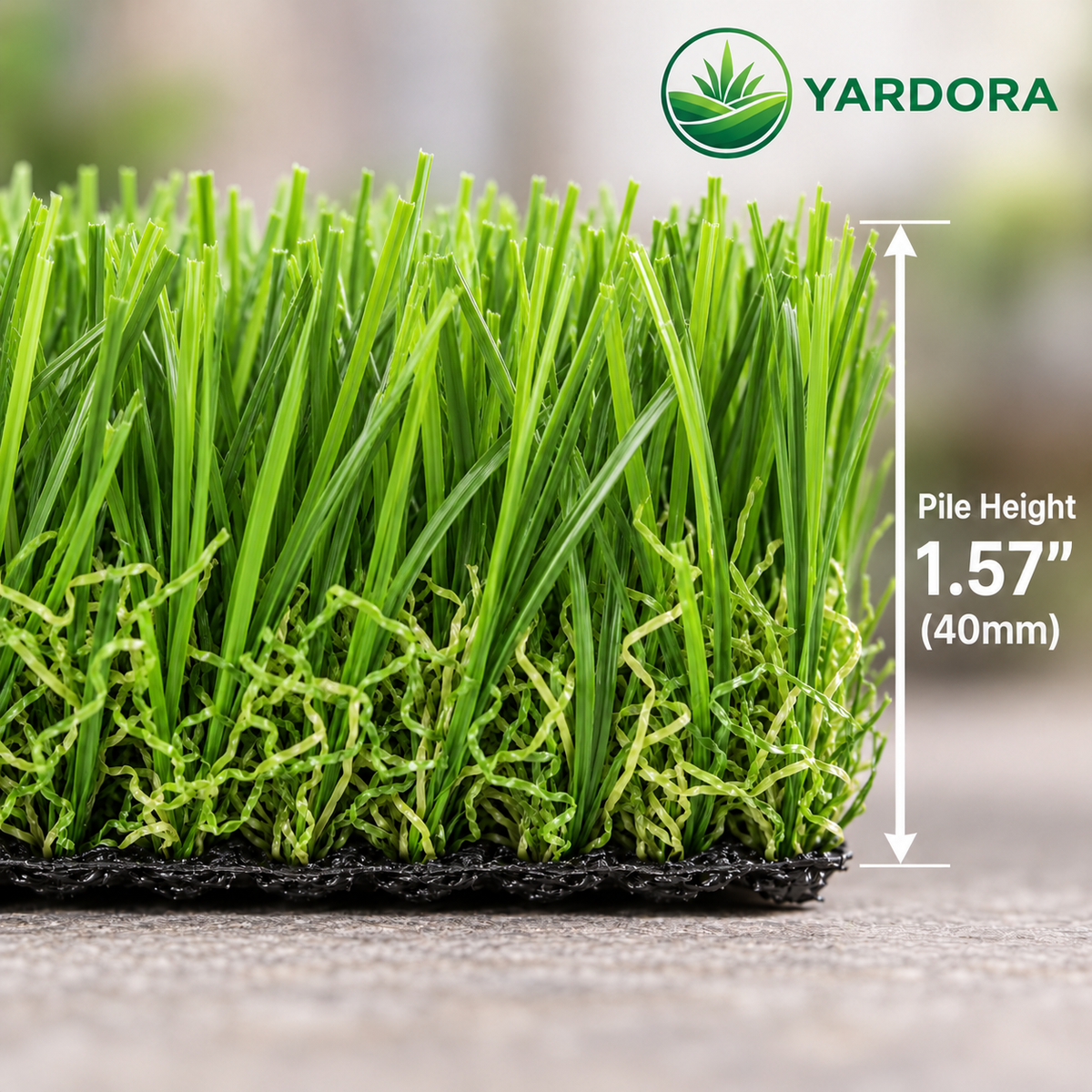 Green artificial turf grass blades on a black base with a YARDORA logo and pile height measurement overlay reading 1.57" (40mm).