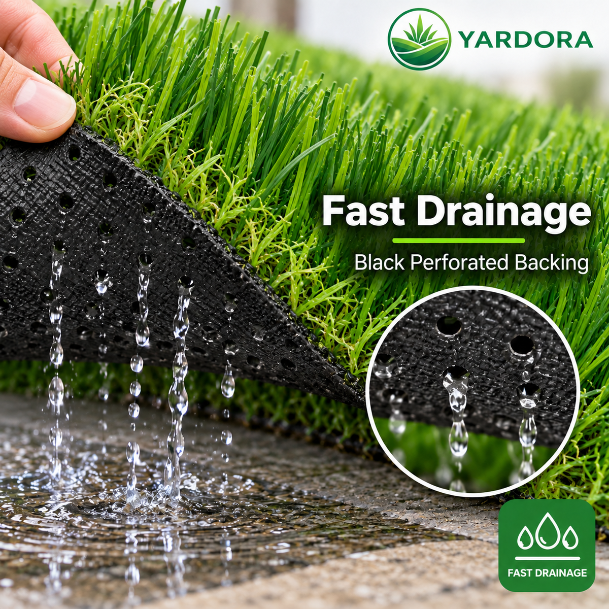A close-up of a Yardora black perforated drainage mat being lifted over bright green artificial grass, with water draining away. Text on the image highlights 'Fast Drainage' and 'Black Perforated Backing,' with a circular inset showing a close-up of the drainage hole and water droplets.