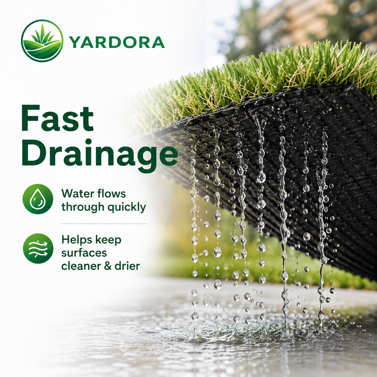 Yardora fast drainage turf mat shown with water flowing through it, featuring green grass on top and promotional text on a bright outdoor background.