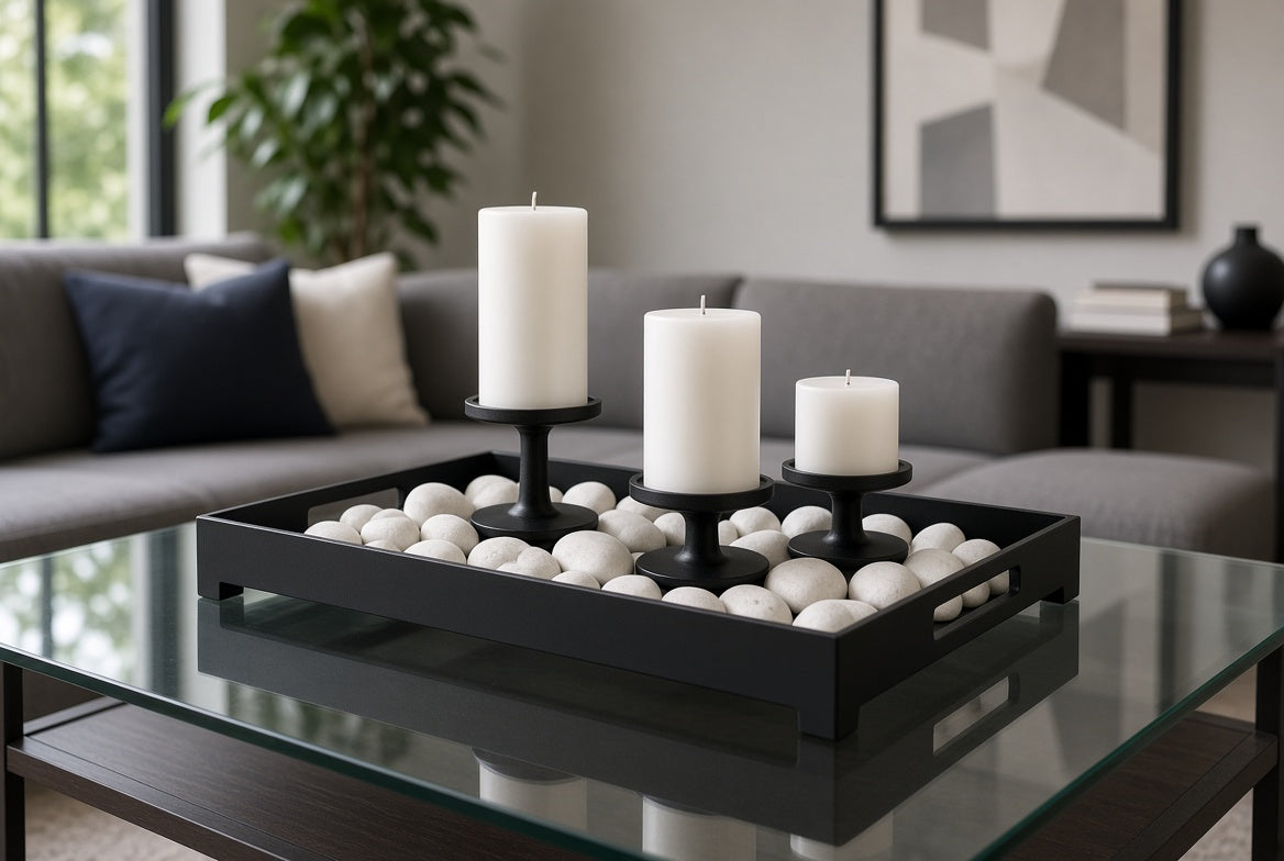 A black rectangular tray filled with white decorative stones and three white pillar candles on black candle holders, displayed on a glass coffee table in a modern living room setting.