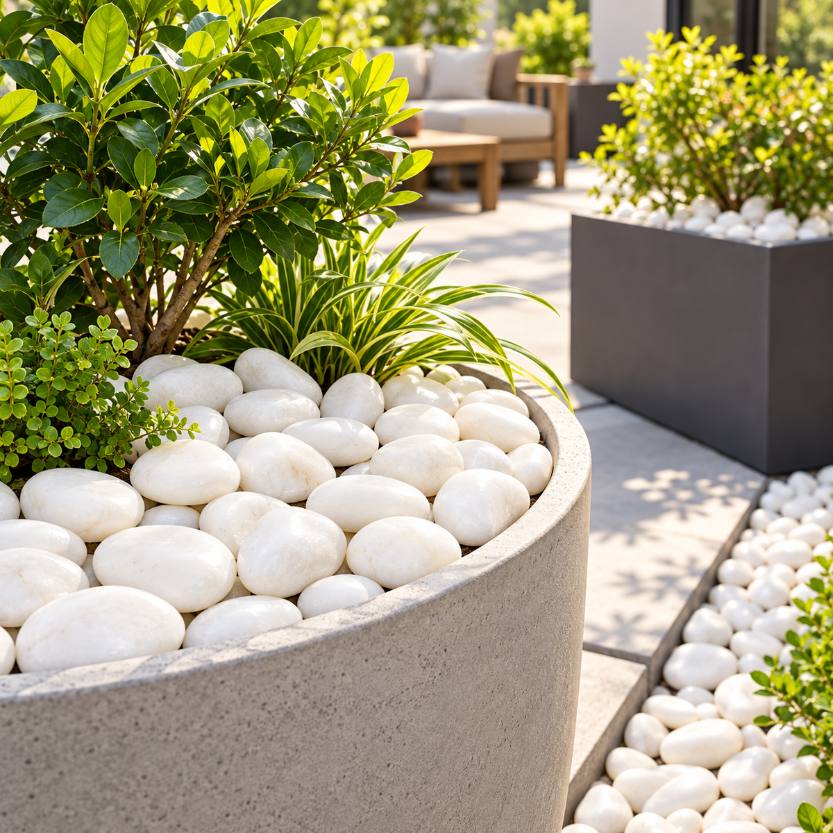 A large round concrete planter filled with smooth white decorative stones and green foliage, shown in a modern outdoor patio setting with similar planters and seating in the background.