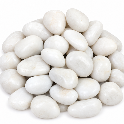 A pile of smooth, polished white pebbles or river stones photographed on a clean white background.