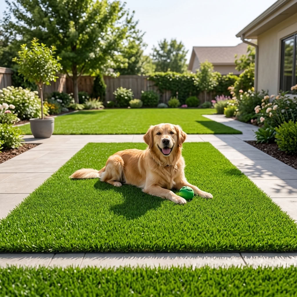 A golden retriever dog lies on a rectangular green artificial turf mat in a sunny backyard, holding a green ball. The scene shows a landscaped yard with walkways, trees, shrubs, and a house in the background.