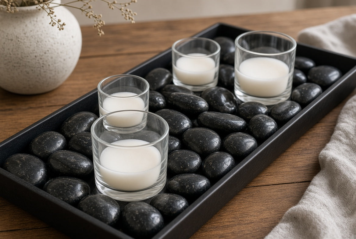 Black river rocks in tray with glass candle holders home decor