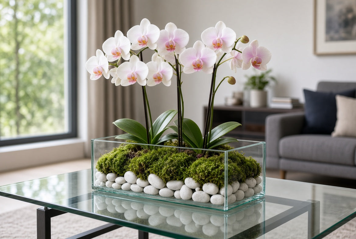 A rectangular glass planter filled with white pebbles, green moss, and white orchids with pink centers, placed on a glass coffee table in a modern living room.